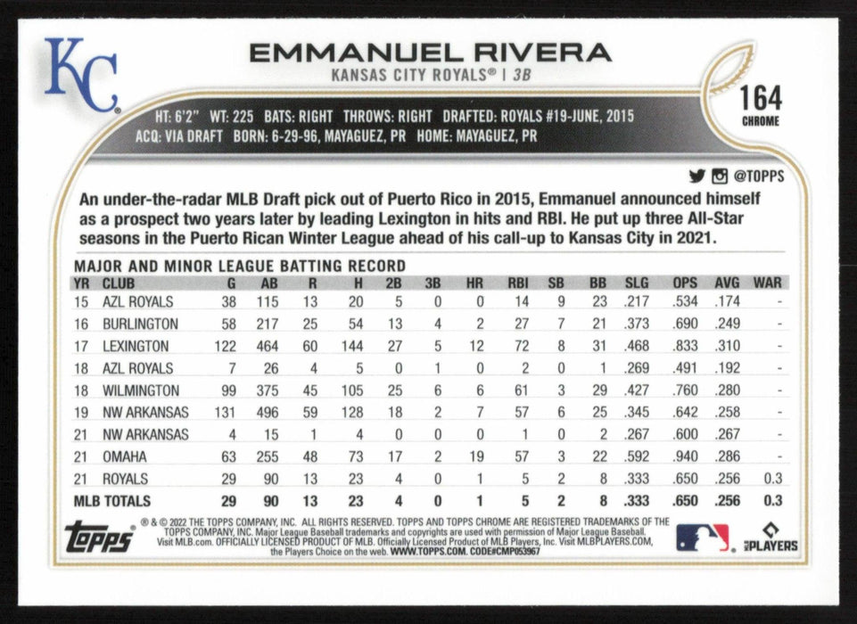 Emmanuel Rivera 2022 Topps Chrome # 164 RC X-Fractor Kansas City Royals - Collectible Craze America