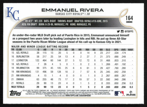 Emmanuel Rivera 2022 Topps Chrome Baseball # 164 RC Kansas City Royals Base - Collectible Craze America