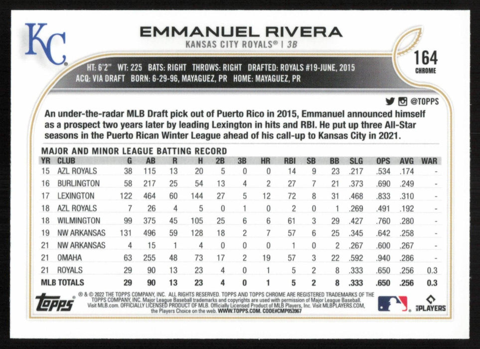 Emmanuel Rivera 2022 Topps Chrome Baseball # 164 RC Prism Refractor Kansas City Royals - Collectible Craze America