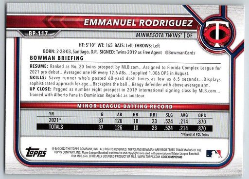 Emmanuel Rodriguez 2022 Bowman Prospects # BP-117 Minnesota Twins - Collectible Craze America