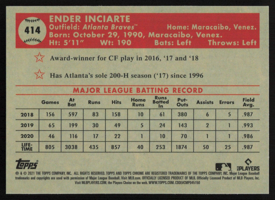 Ender Inciarte 2021 Topps Chrome Platinum Anniversary # 414 Atlanta Braves - Collectible Craze America