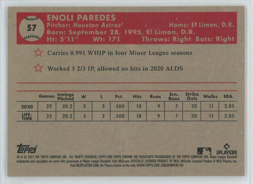 Enoli Paredes 2021 Topps Chrome Platinum Anniversary # 57 RC Black & White Mini Diamonds Houston Astros - Collectible Craze America