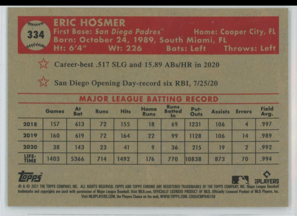 Eric Hosmer 2021 Topps Chrome Platinum Anniversary # 334 San Diego Padres - Collectible Craze America