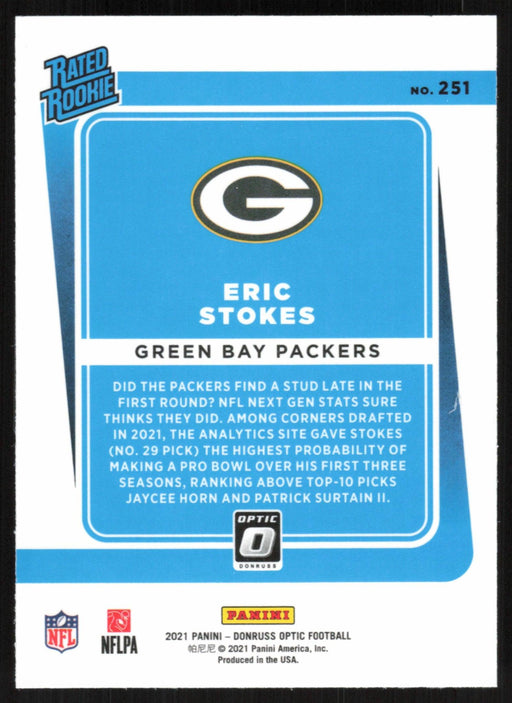 Eric Stokes 2021 Donruss Optic Rated Rooke # 251 RC Green Bay Packers Base - Collectible Craze America