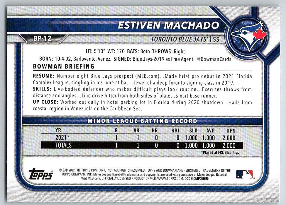 Estiven Machado 2022 Bowman Prospects # BP-12 1st Bowman Toronto Blue Jays - Collectible Craze America