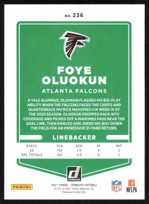 Foye Oluokun 2021 Donruss Football # 236 Atlanta Falcons Base - Collectible Craze America