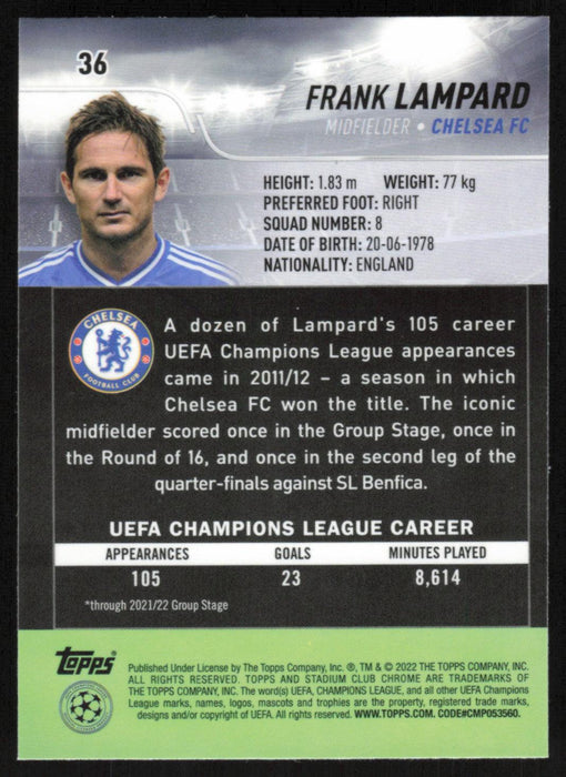 Frank Lampard 2021 Topps Stadium Club Chrome UEFA Champions League # 36 Chelsea FC Base - Collectible Craze America