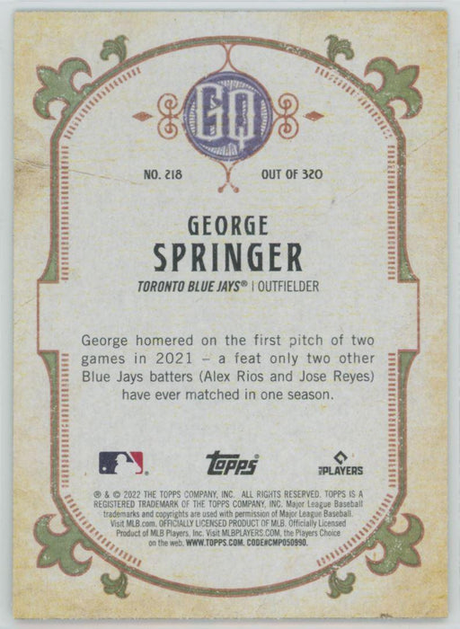 George Springer 2022 Topps Gypsy Queen # 218 Green Border Toronto Blue Jays - Collectible Craze America