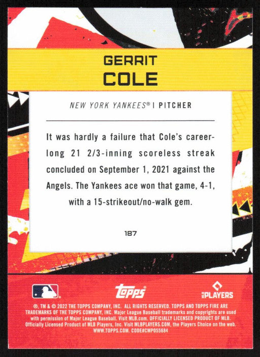 Gerrit Cole 2022 Topps Fire Baseball # 187 New York Yankees Base - Collectible Craze America