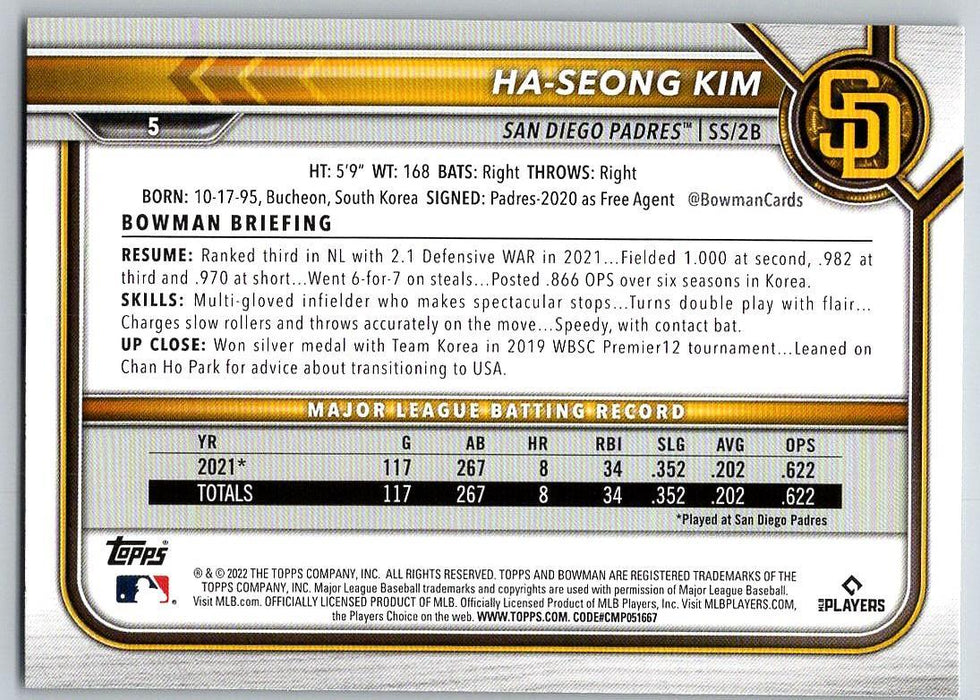 Ha-Seong Kim 2022 Bowman # 5 San Diego Padres - Collectible Craze America