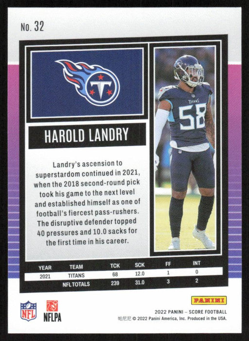 Harold Landry 2022 Panini Score Football # 32 Base Tennessee Titans - Collectible Craze America