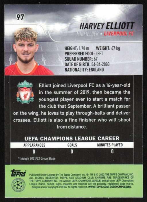 Harvey Elliott 2021 Topps Stadium Club Chrome UEFA Champions League # 97 Liverpool FC Base - Collectible Craze America