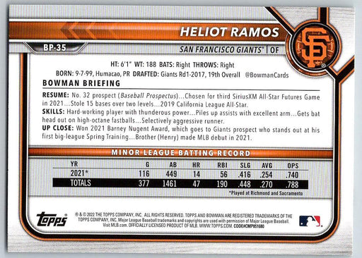 Heliot Ramos 2022 Bowman Prospects # BP-35 San Francisco Giants - Collectible Craze America