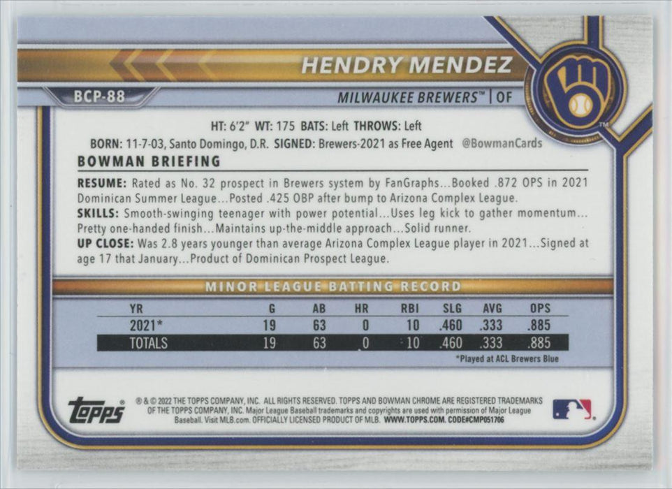 Hendry Mendez 2022 Bowman Chrome Prospects # BCP-88 1st Bowman Milwaukee Brewers - Collectible Craze America