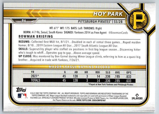 Hoy Park 2022 Bowman # 96 RC Pittsburgh Pirates - Collectible Craze America