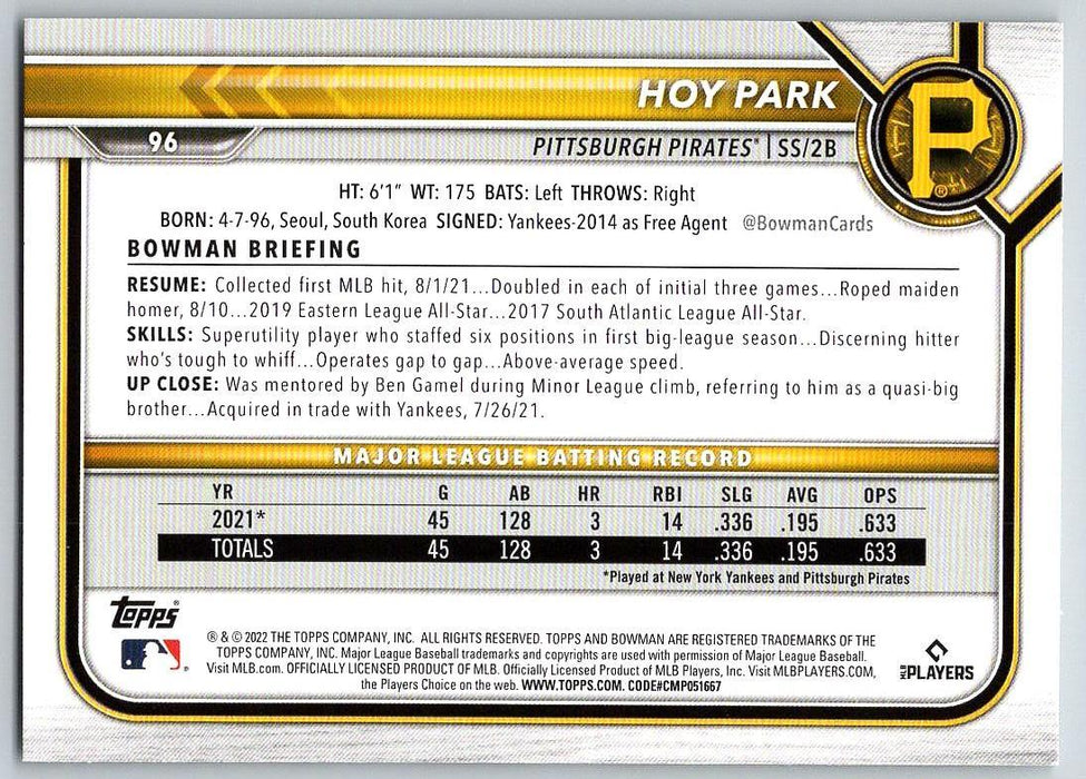 Hoy Park 2022 Bowman # 96 RC Pittsburgh Pirates - Collectible Craze America