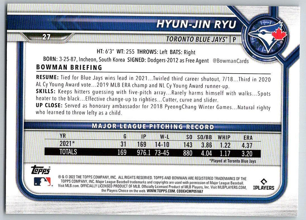 Hyun-Jin Ryu 2022 Bowman # 27 Toronto Blue Jays - Collectible Craze America