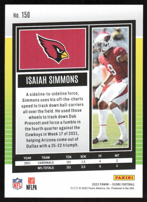 Isaiah Simmons 2022 Panini Score Football # 150 Base Arizona Cardinals - Collectible Craze America