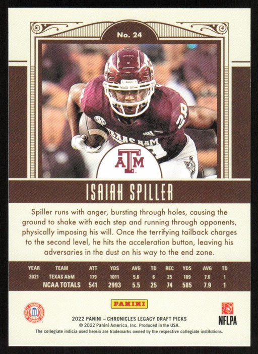 Isaiah Spiller 2022 Panini Chronicles Legacy Draft Picks # 24 RC Texas A&M Aggies - Collectible Craze America