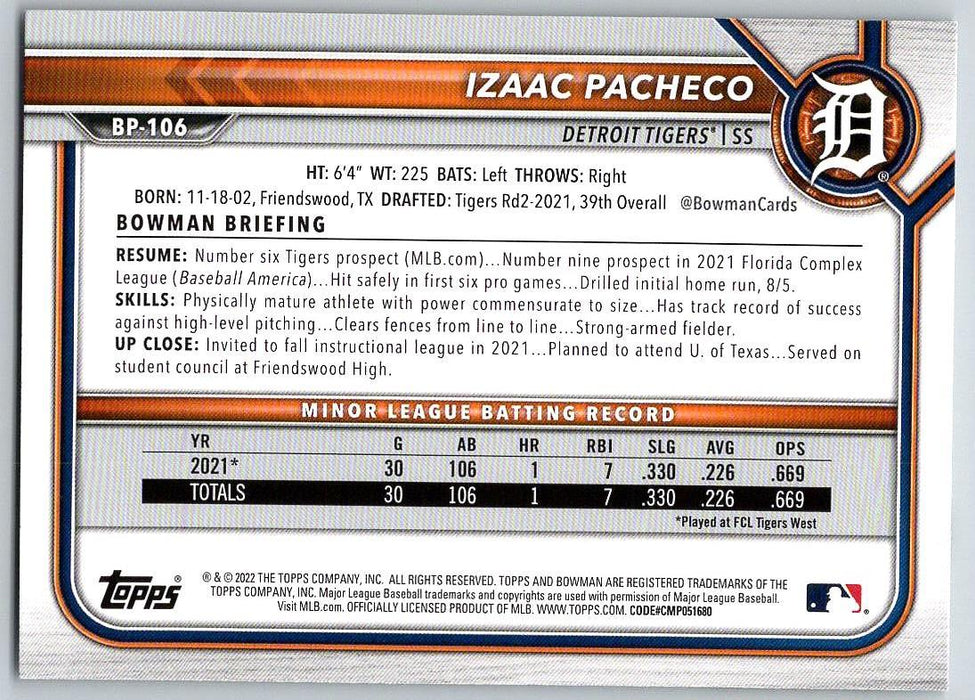 Izaac Pacheco 2022 Bowman Prospects # BP-106 Detroit Tigers - Collectible Craze America