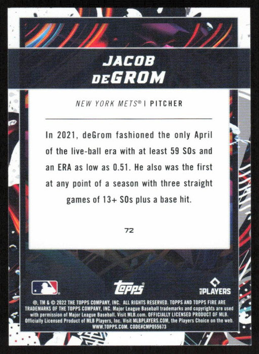 Jacob deGrom 2022 Topps Fire Baseball # 72 New York Mets Base - Collectible Craze America