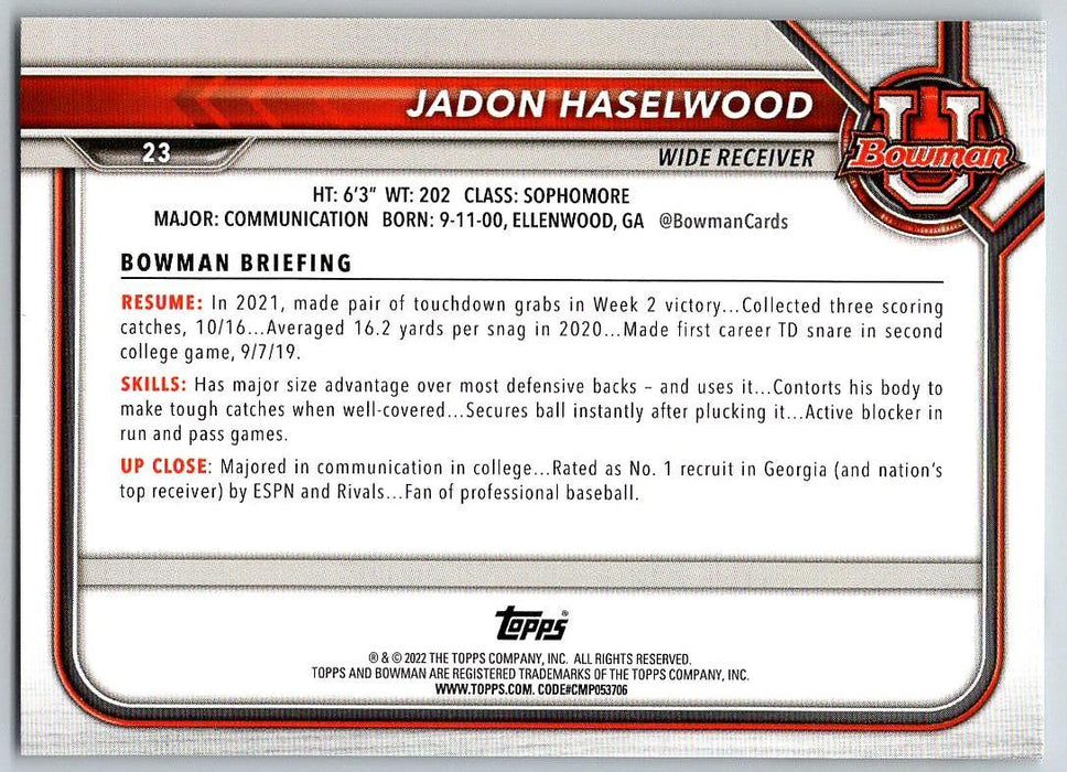 Jadon Haselwood 2021 Bowman University Football # 23 Arkansas Razorbacks 1st Bowman - Collectible Craze America