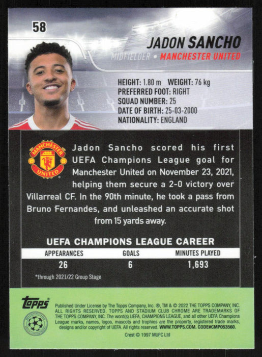 Jadon Sancho 2021 Topps Stadium Club Chrome UEFA Champions League # 58 Manchester United Base - Collectible Craze America