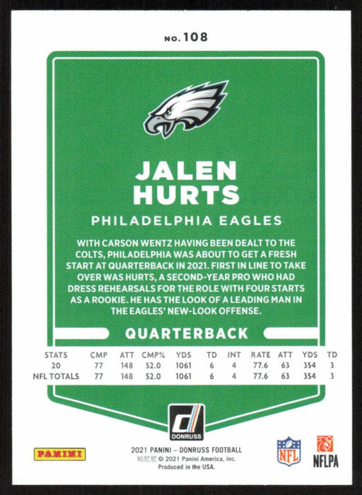 Jalen Hurts 2021 Donruss Football # 108 Philadelphia Eagles Base - Collectible Craze America