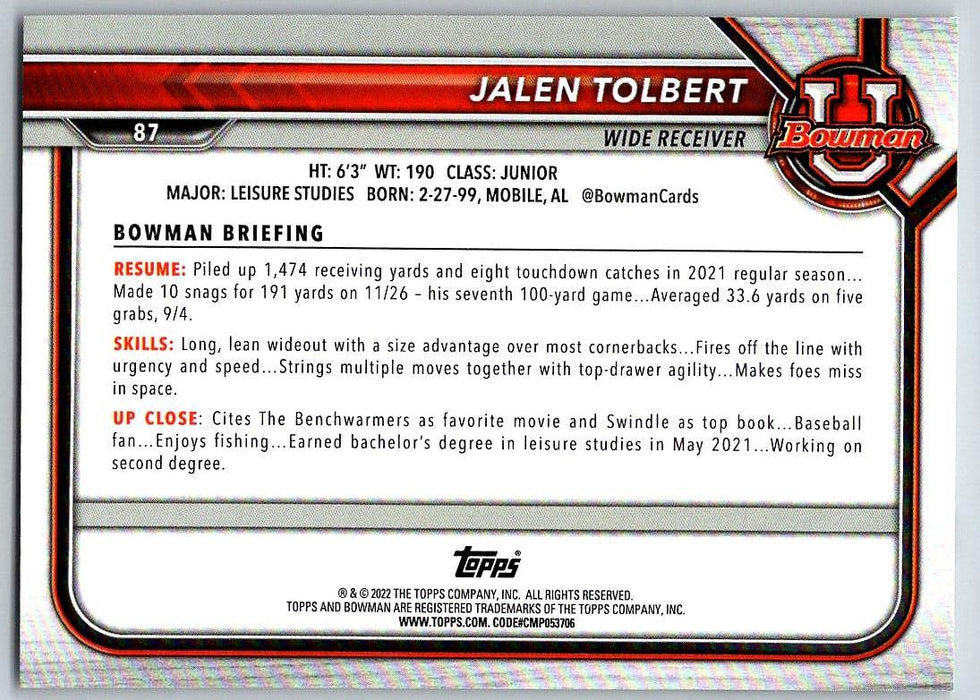 Jalen Tolbert 2021 Bowman University Football # 87 South Alabama Jaguars 1st Bowman - Collectible Craze America