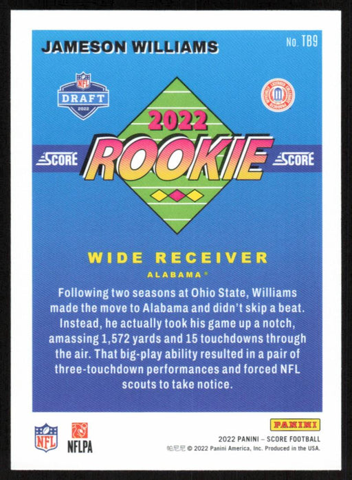 Jameson Williams 2022 Panini Score Football # TB9 RC 1992 Throwback Rookie Alabama Crimson Tide - Collectible Craze America