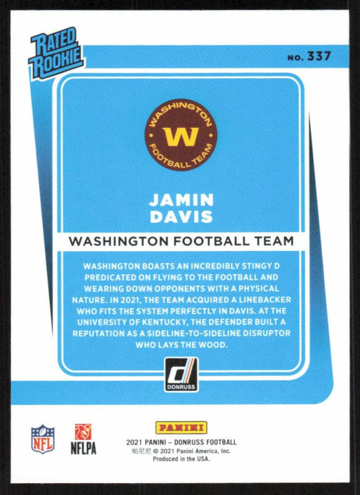 Jamin Davis 2021 Donruss Football # 337 RC Washington Football Team Rated Rookie Base - Collectible Craze America