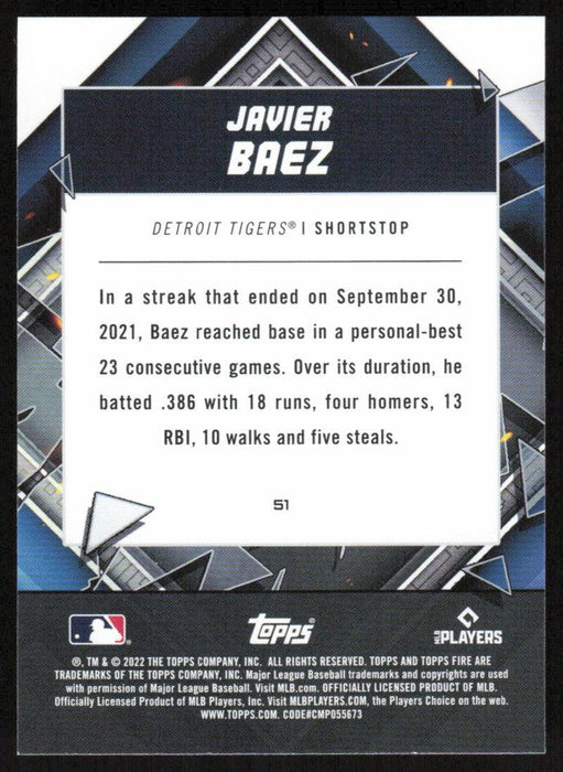 Javier Baez 2022 Topps Fire Baseball # 51 Detroit Tigers Base - Collectible  Craze America