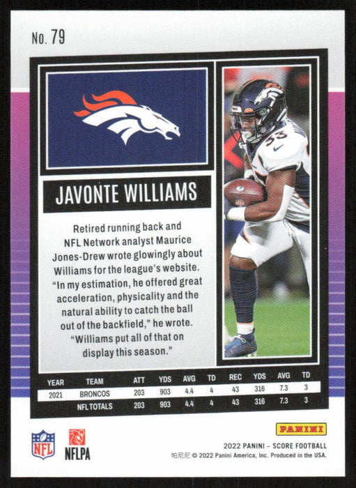 Javonte Williams 2022 Panini Score Football # 79 Base Denver Broncos - Collectible Craze America