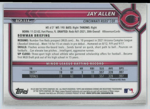 Jay Allen 2022 Bowman Chrome Prospects # BCP-114 Cincinnati Reds - Collectible Craze America