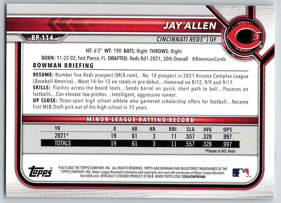 Jay Allen 2022 Bowman Prospects # BP-114 Cincinnati Reds - Collectible Craze America