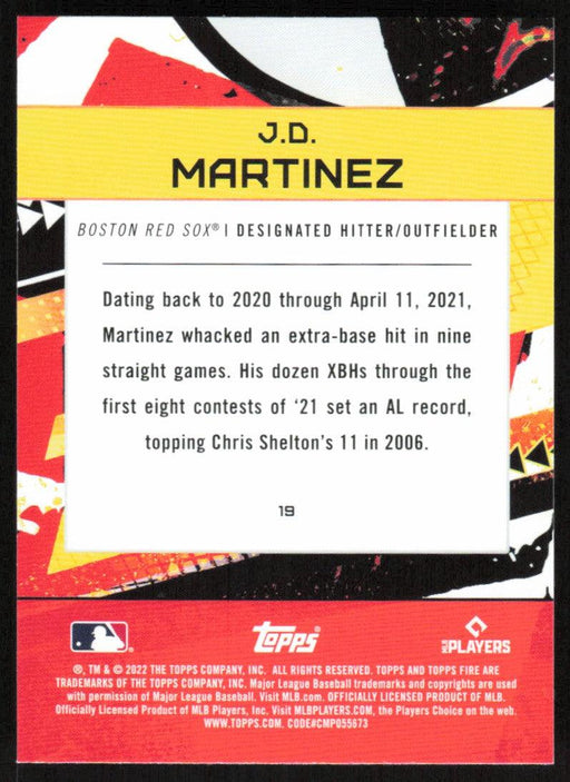 JD Martinez 2022 Topps Fire Baseball # 19 Boston Red Sox Base - Collectible Craze America