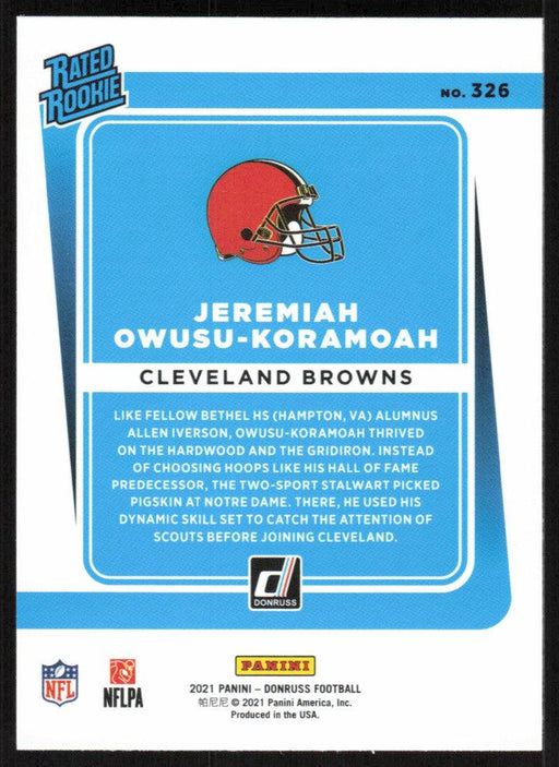 Jeremiah Owusu-Koramoah 2021 Donruss Football # 326 RC Cleveland Browns Rated Rookie Base - Collectible Craze America