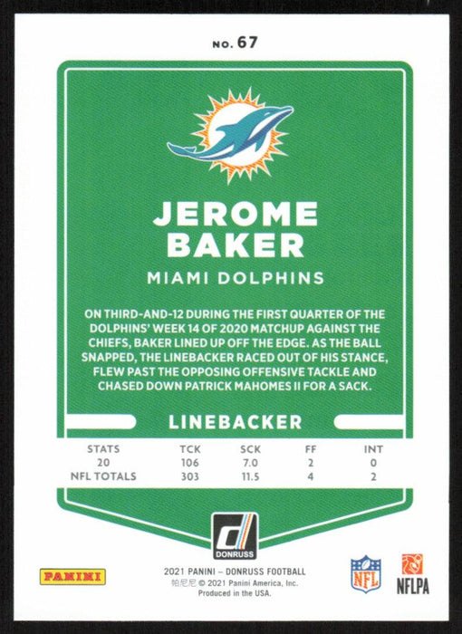 Jerome Baker 2021 Donruss Football # 67 Miami Dolphins Base - Collectible Craze America