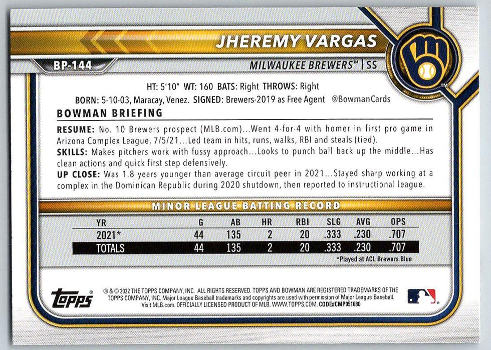 Jheremy Vargas 2022 Bowman Prospects # BP-144 1st Bowman Milwaukee Brewers - Collectible Craze America