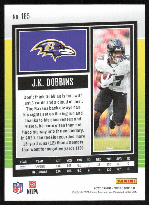 JK Dobbins 2022 Panini Score Football # 185 Base Baltimore Ravens - Collectible Craze America