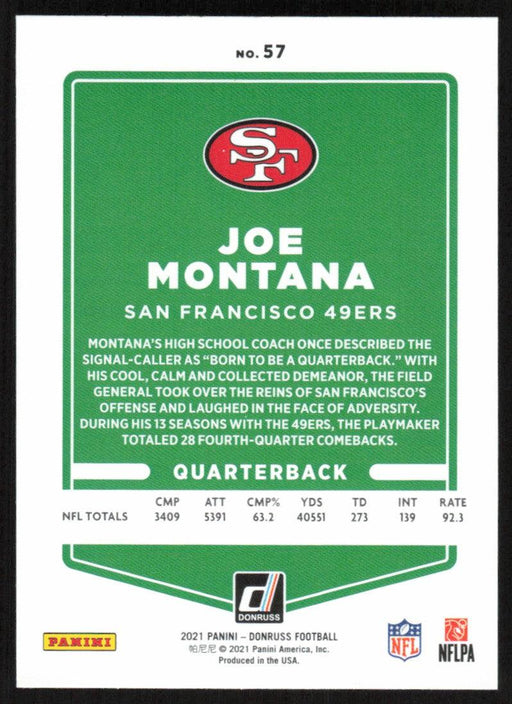 Joe Montana 2021 Donruss Football # 57 San Francisco 49ers Base - Collectible Craze America