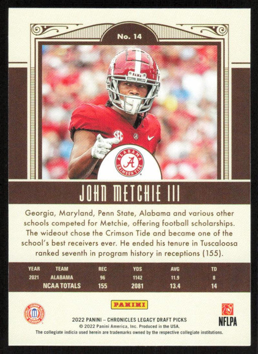 John Metchie III 2022 Panini Chronicles Legacy Draft Picks # 14 RC Alabama Crimson Tide - Collectible Craze America