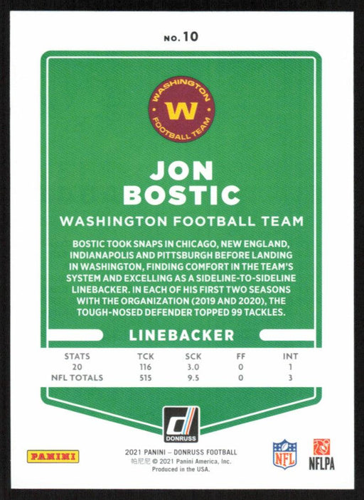 Jon Bostic 2021 Donruss Football # 10 Washington Football Team Base - Collectible Craze America