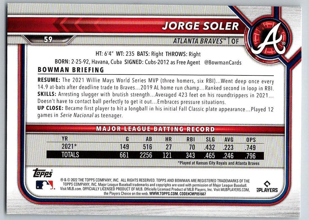 Jorge Soler 2022 Bowman # 59 Atlanta Braves - Collectible Craze America