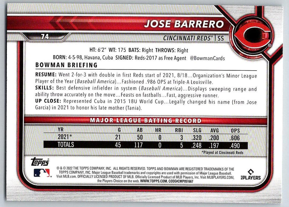 Jose Barrero 2022 Bowman # 74 Cincinnati Reds - Collectible Craze America