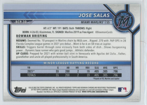 Jose Salas 2022 Bowman Chrome Prospects # BCP-30 Miami Marlins - Collectible Craze America