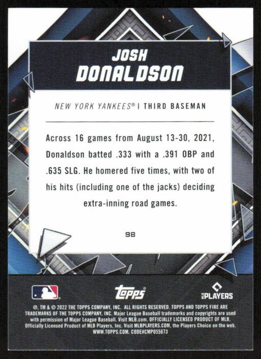 Josh Donaldson 2022 Topps Fire Baseball # 98 New York Yankees Base - Collectible Craze America