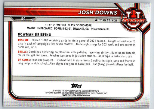 Josh Downs 2021 Bowman University Football # 50 North Carolina Tar Heels 1st Bowman - Collectible Craze America