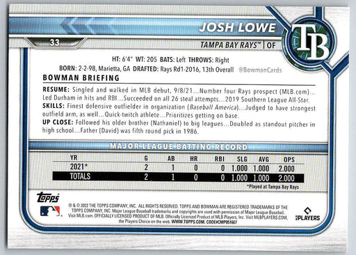 Josh Lowe 2022 Bowman # 33 RC Tampa Bay Rays - Collectible Craze America