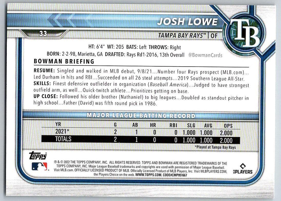 Josh Lowe 2022 Bowman # 33 RC Tampa Bay Rays - Collectible Craze America